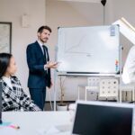 Business team reviewing a growth chart on a whiteboard